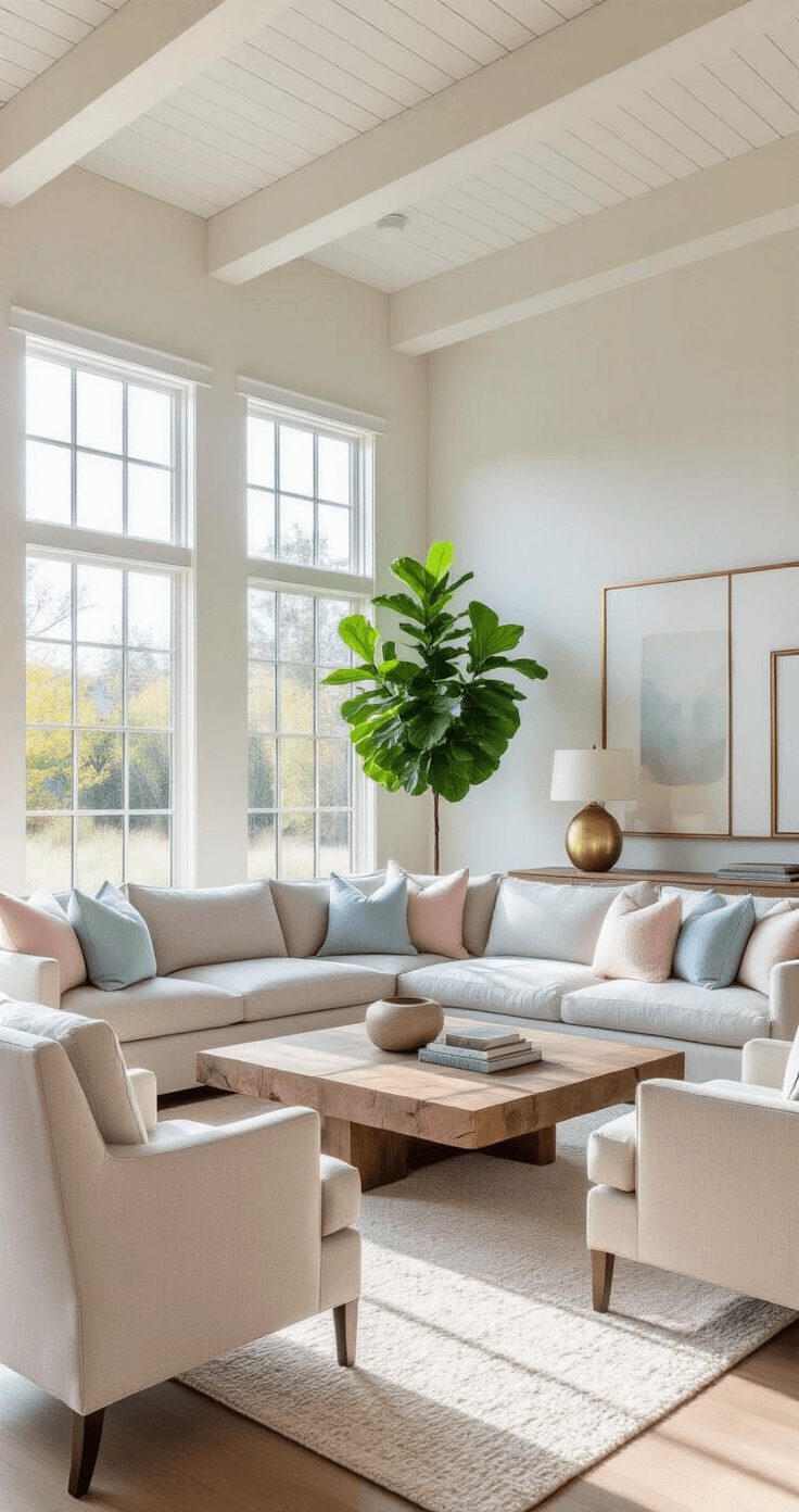 A bright and spacious 280 sq ft living room at midday, featuring high ceilings with exposed white beams, large windows, a light gray sofa with pastel cushions, a substantial wooden coffee table on a cream rug, natural linen armchairs, a fiddle leaf fig tree, and brushed gold metallic accents, captured from a corner to highlight light and shadow interplay.