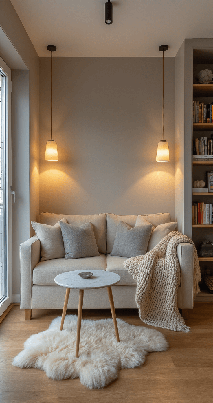 A cozy living nook featuring dove gray walls and honey-toned hardwood floors, illuminated by warm floor lamps. The space includes a two-seater oatmeal linen sofa with a chunky knit throw, a round marble coffee table, and a floor-to-ceiling bookshelf filled with books and decor. A sheepskin rug adds texture, captured at eye level with a wide-angle lens.
