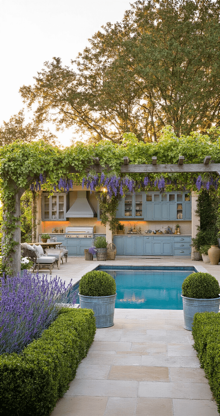 Golden hour view of a French country garden featuring a limestone terrace, weathered blue-gray kitchen cabinetry under a grape-covered pergola, a formal rectangular pool surrounded by lavender and boxwood, and vintage zinc planters. The scene captures a romantic European charm with warm evening sunlight and accent lighting.