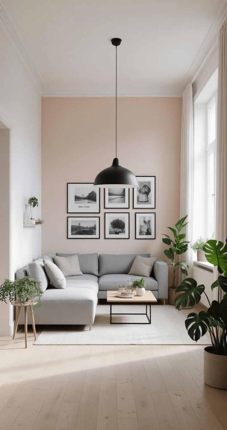 Bright open-concept living area featuring white walls with a blush pink accent wall, light ash flooring, a modular gray sofa, and a minimalist wooden coffee table, illuminated by late morning light. Floor-to-ceiling windows with sheer white curtains, potted succulents, a large monstera plant, and a gallery wall of black and white photographs enhance the airy feel.