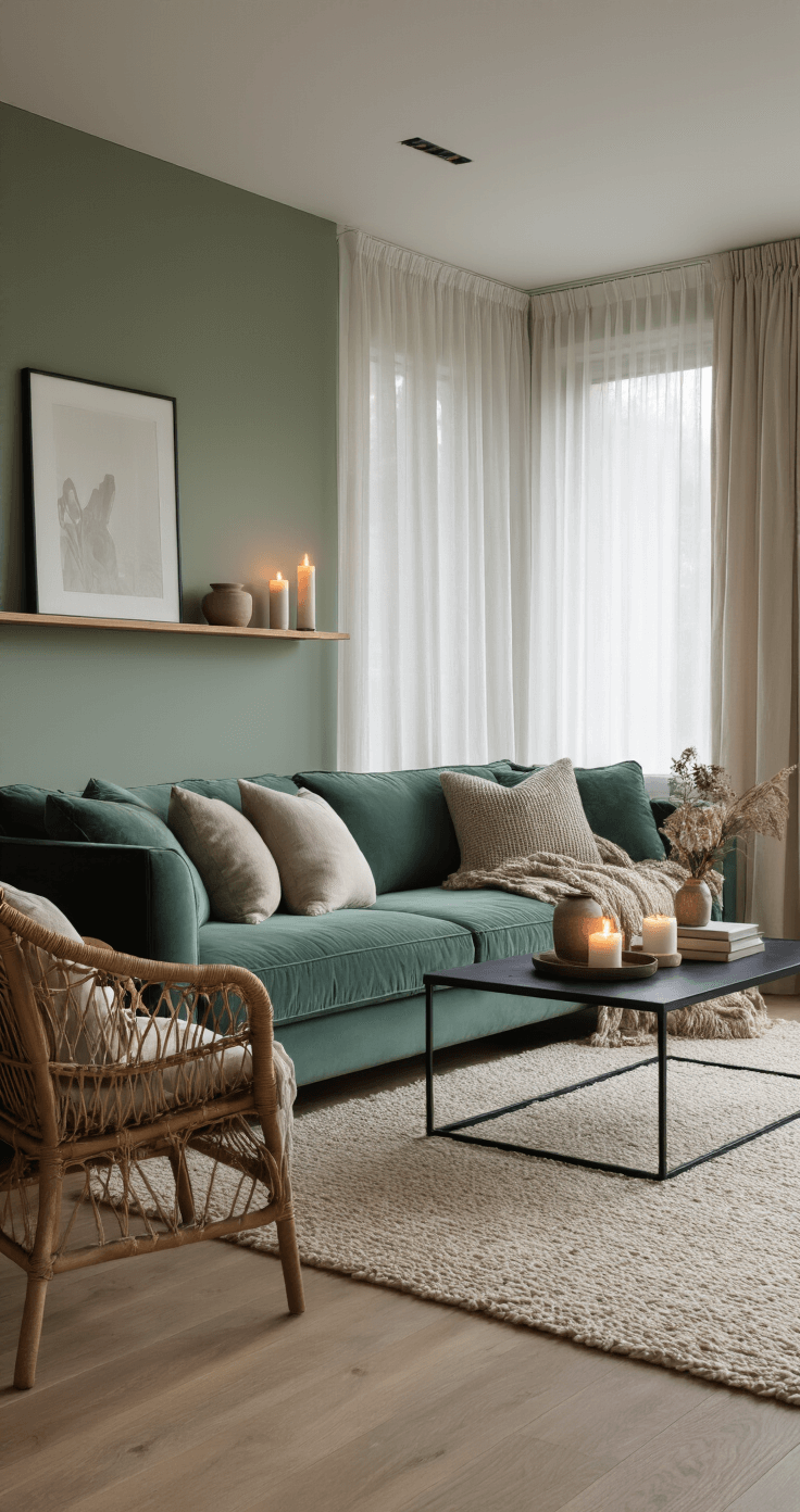 A cozy 180 sq ft living room at twilight, featuring a plush teal velvet sofa, calming sage green walls, wide-plank oak flooring, and illuminated by candles and dimmable LEDs, with a black metal coffee table, cream area rug, rattan armchair, and curated decor on floating shelves.