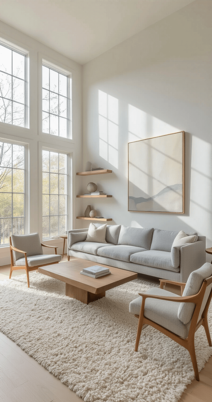 A spacious living room with high ceilings, large windows, a gray linen sofa, mid-century armchairs, an oak coffee table on a cream rug, and a large abstract painting, all bathed in soft morning light.