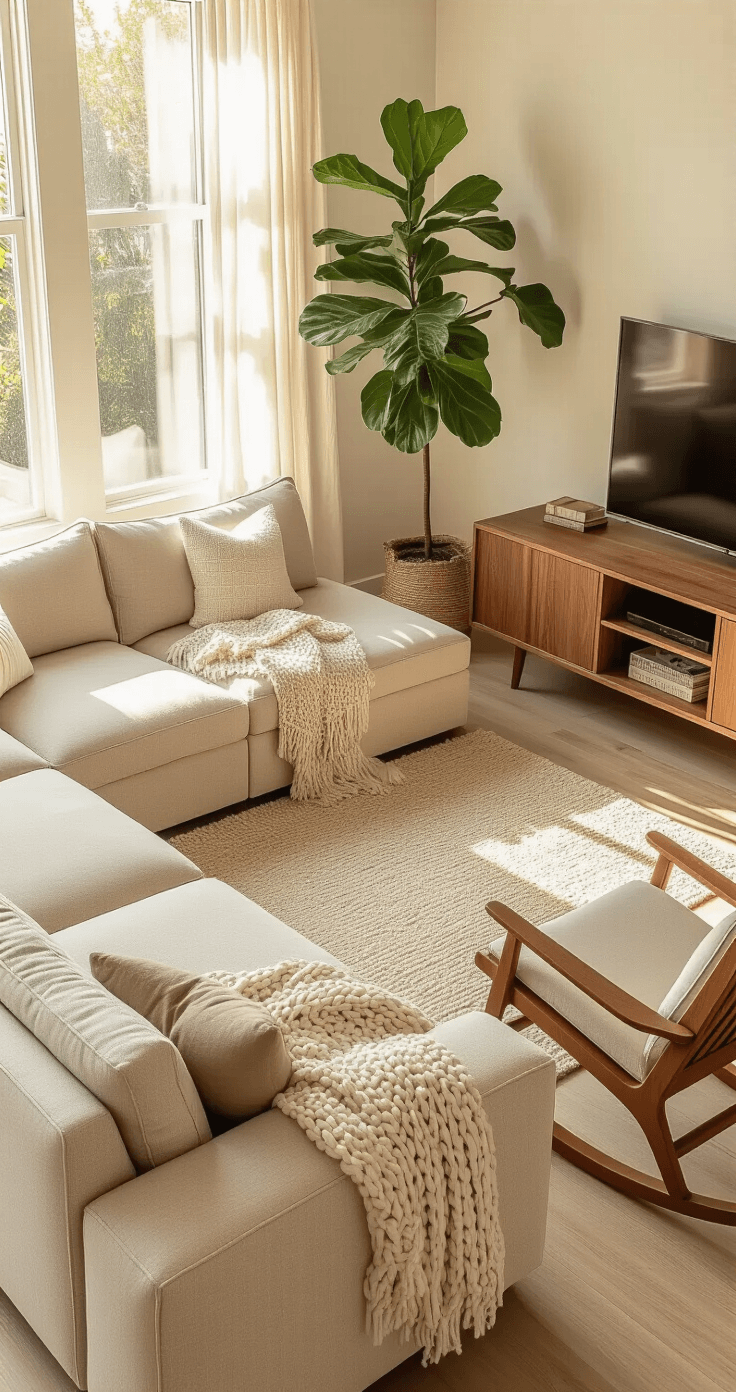 Cozy minimalist living space featuring a modular beige sectional sofa, walnut media console, Scandinavian rocking chair with a knit throw, soft off-white walls, and a fiddle leaf fig plant, all illuminated by warm golden hour sunlight.