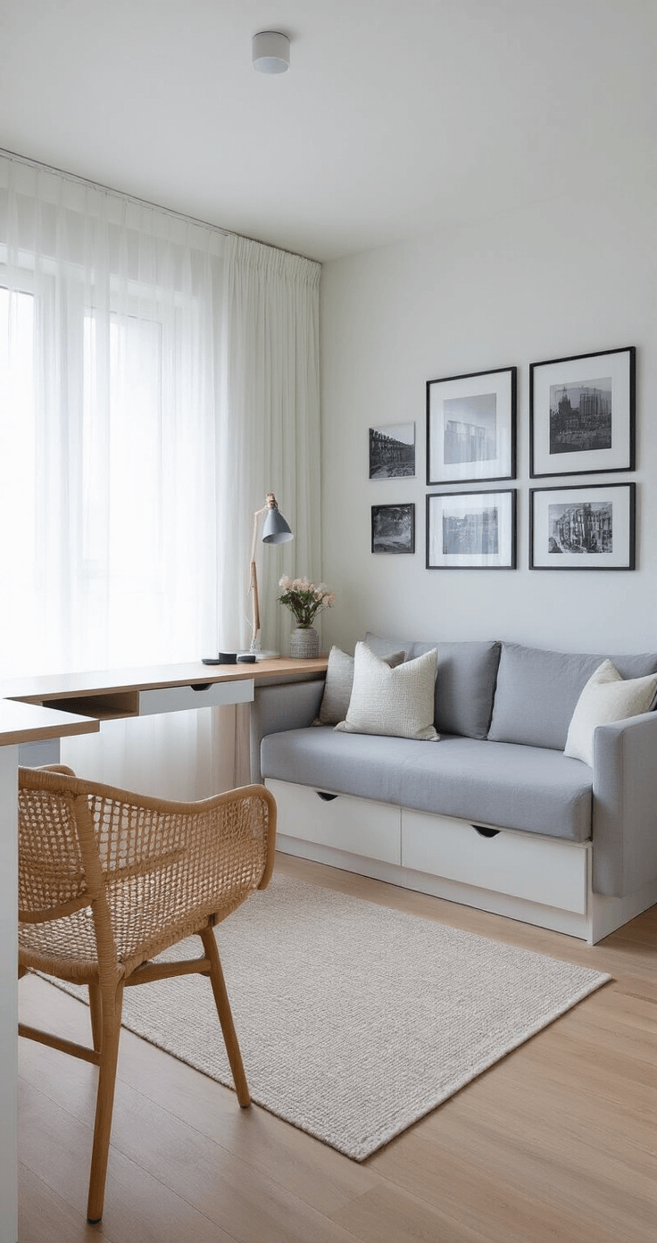 A compact living room featuring built-in storage, a light gray sofa bed, woven rattan chairs, and a versatile floating desk, illuminated by morning light filtering through sheer white curtains, with a color palette of white, light wood, and pale blue, adorned with a gallery wall of black and white photographs.