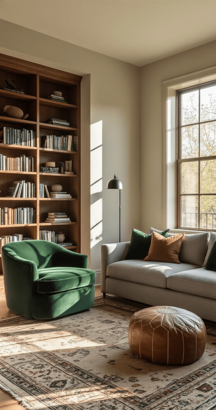 Cozy living room featuring a green velvet armchair in a reading nook, minimalist gray sofa, leather poufs, wooden bookshelf, and a Moroccan rug, with warm afternoon light casting shadows.