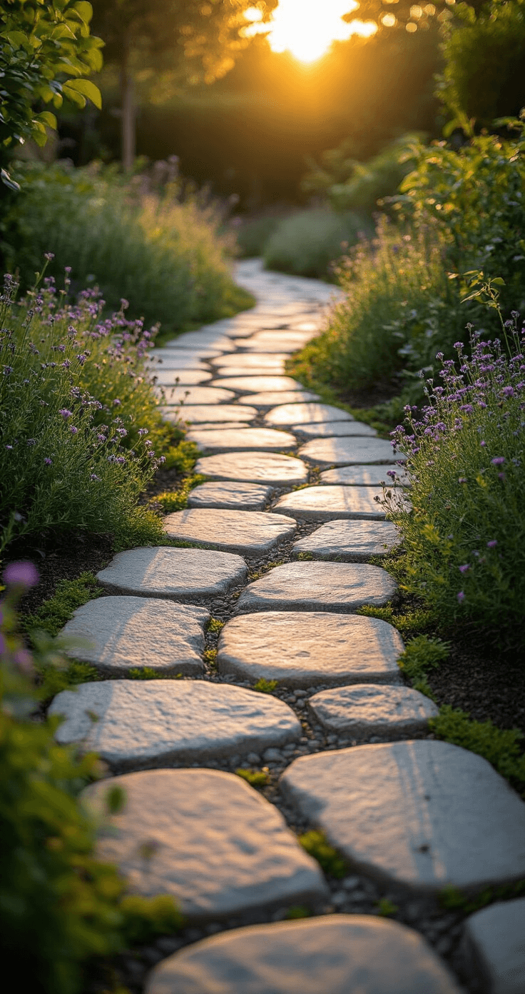 A meandering stone garden path during golden hour, framed by lush garden beds and spilling thyme, captured at ground level with soft bokeh and long shadows, emphasizing the organic shapes of the stones.