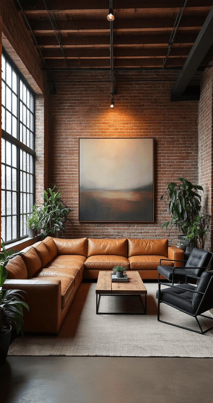 A cozy loft-style living space featuring exposed brick walls, high ceilings, and industrial-style windows, illuminated by moonlight. The room includes a camel leather sectional, black metal-framed armchairs, a reclaimed wood coffee table, and a large abstract canvas in muted tones, surrounded by potted plants. The warm, earthy color palette is highlighted by moody, low lighting, enhancing the textures and creating an intimate nighttime ambiance.