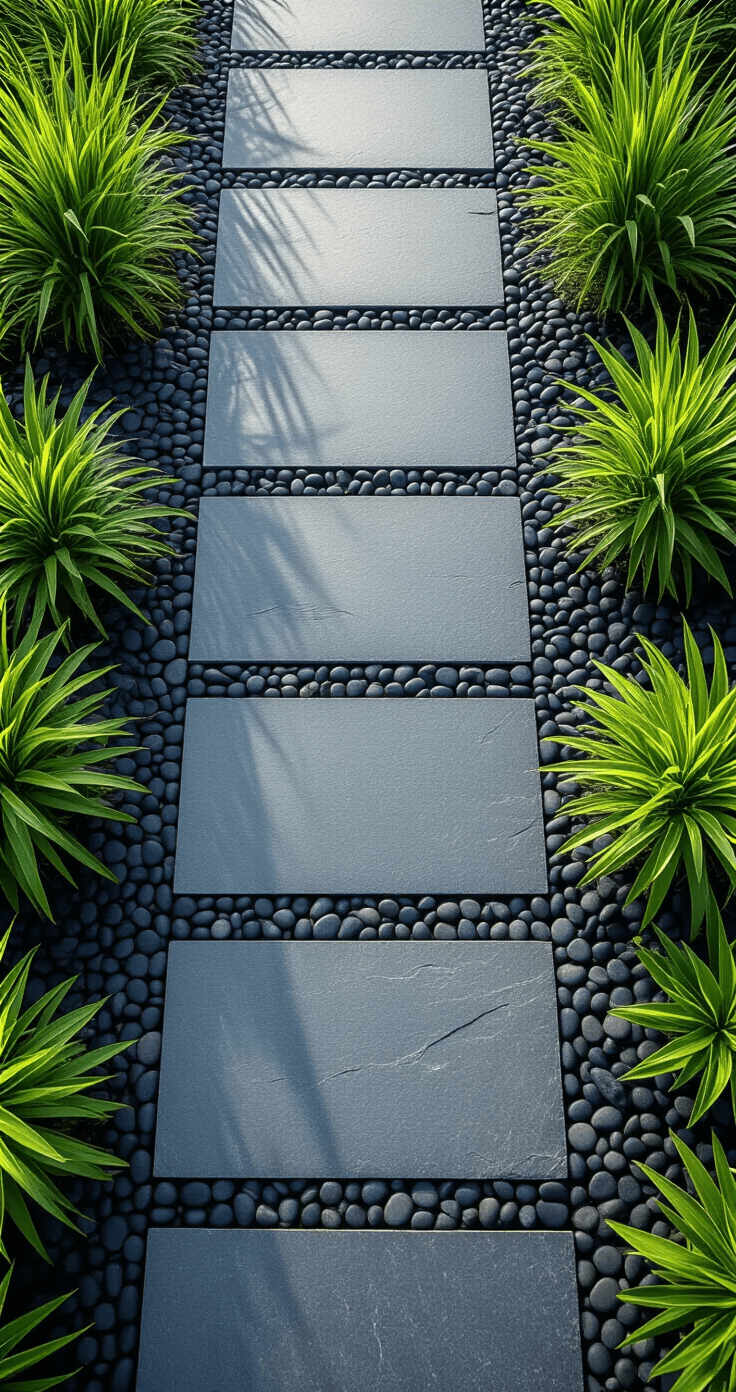 Aerial view of a contemporary minimalist stone path made of rectangular charcoal gray slate, with evenly spaced black river pebbles in 1-inch gaps and vertical horsetail reed plants along the edges, showcasing clean lines and geometric patterns.