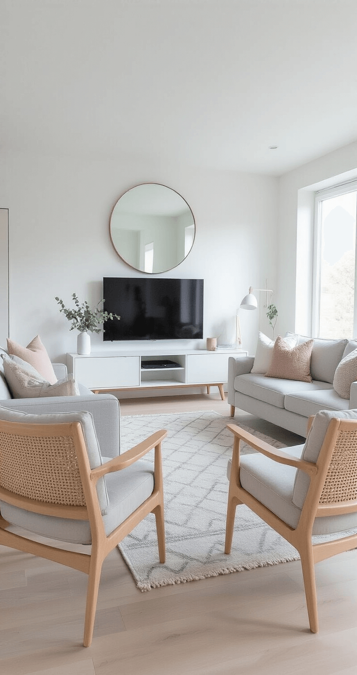 Bright living room with Scandinavian design featuring a light gray L-shaped sofa, pastel throw pillows, pale wood armchairs, and a minimalist entertainment unit, illuminated by morning sunlight. A large round mirror above a console table and a geometric area rug complete the airy aesthetic.