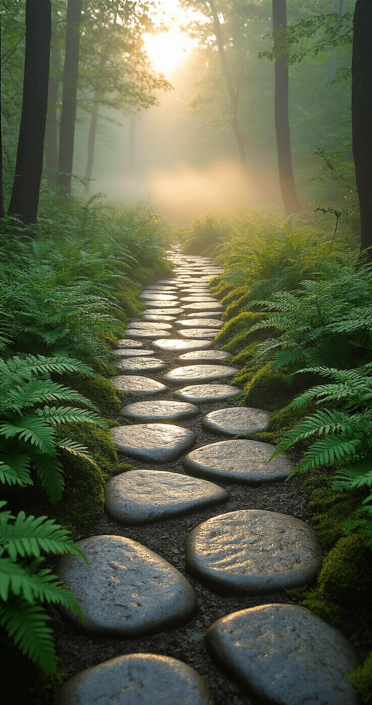 A serene rustic woodland path composed of natural river rocks and moss-covered fieldstones, illuminated by dawn light filtered through the tree canopy, with dew-covered ferns and hostas surrounding the path, all viewed from a low angle to capture the intimate forest floor perspective.