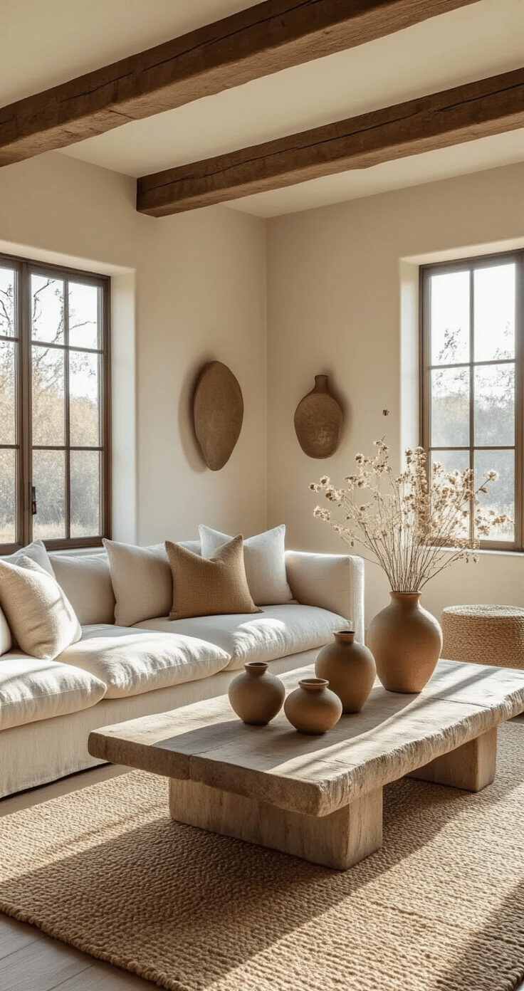 A serene sunlit living room with exposed wooden beams, featuring a low-slung linen sofa, textured throw pillows, and a rough-hewn coffee table adorned with wabi sabi pottery and dried wildflowers. The warm off-white walls display organic ceramic sculptures, while a handwoven jute rug adds texture. The wide corner shot captures the interplay of golden afternoon light and shadows.