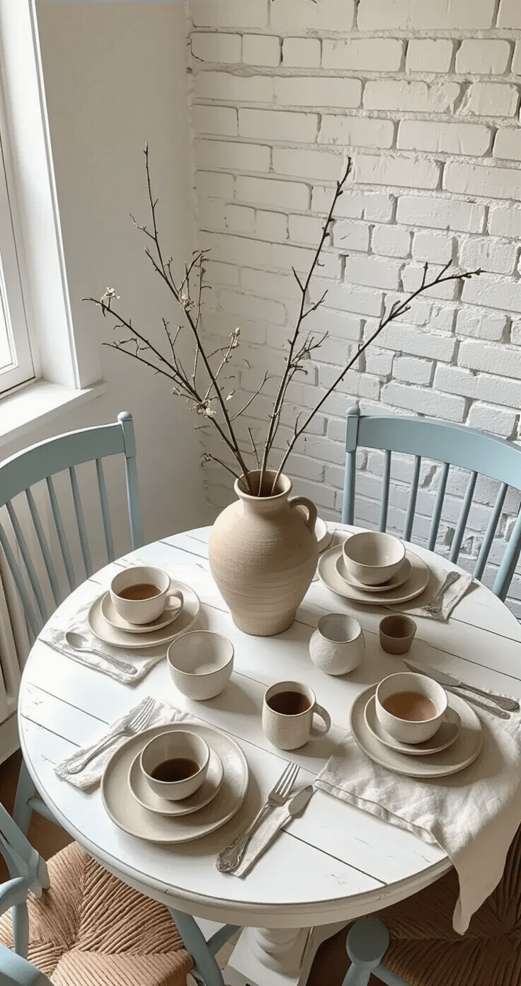 A cozy kitchen nook featuring a round, weathered wood table set with mismatched pottery in muted tones, steaming ceramic mugs, and a large vase of branches, all bathed in soft morning light from a nearby window.