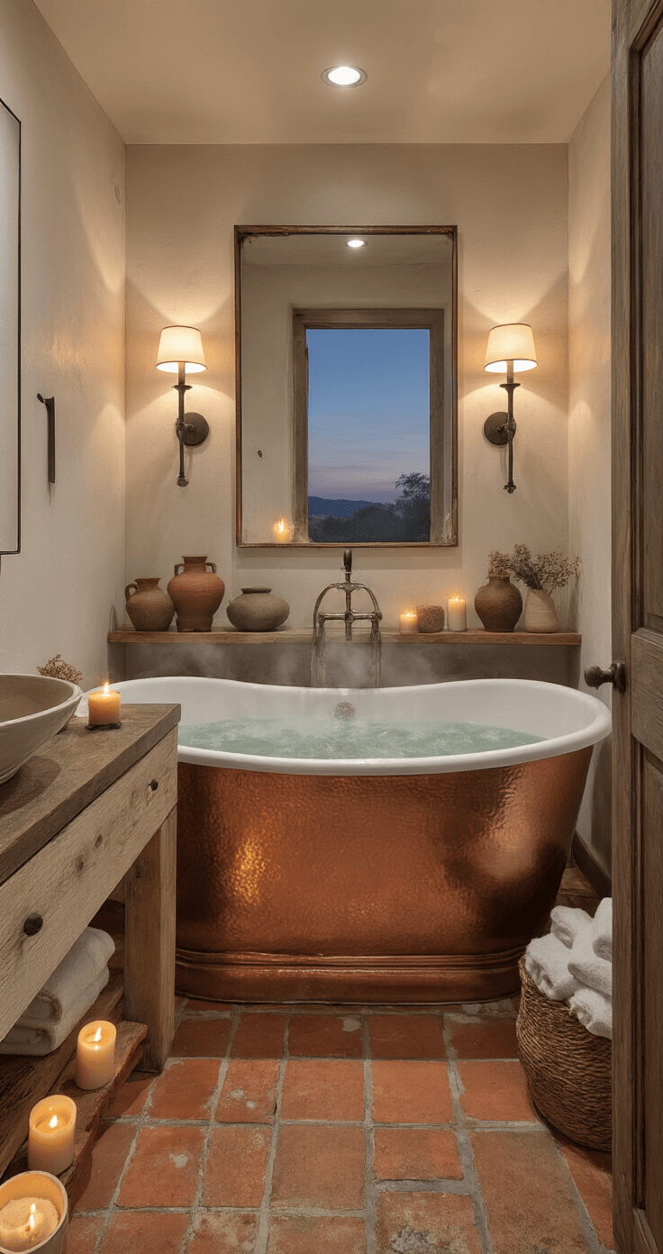 A tranquil bathroom at twilight featuring a freestanding copper bathtub filled with steaming water, surrounded by wabi sabi pottery, bath salts, dried herbs, and flickering beeswax candles. A rough-hewn wooden countertop with an asymmetrical ceramic sink basin and a slightly warped mirror adds rustic charm. Terracotta floor tiles and casual linen towels in natural hues enhance the serene atmosphere, illuminated by warm candlelight and sconces.
