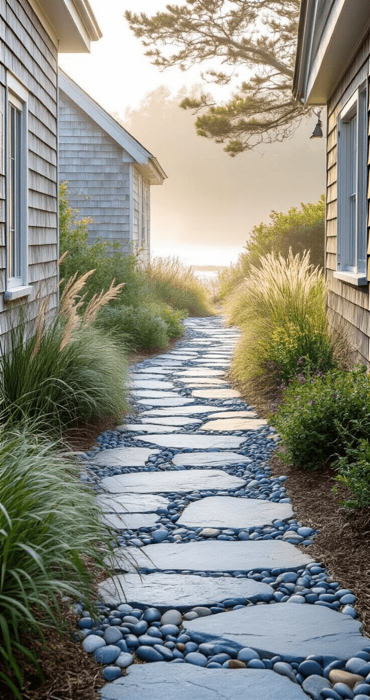 A coastal cottage stone path featuring weathered blue-gray slate and beach pebbles, framed by ornamental grasses and native plants, with driftwood accents, all softly illuminated by morning light and enveloped in salt air mist.