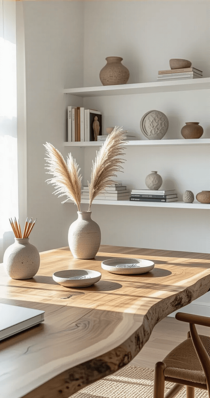 A minimalist home office in natural light, featuring a live-edge wooden desk adorned with wabi sabi pottery organizers, a handcrafted ceramic lamp, and open shelving displaying books and sculptures, all set on a textured sisal rug.