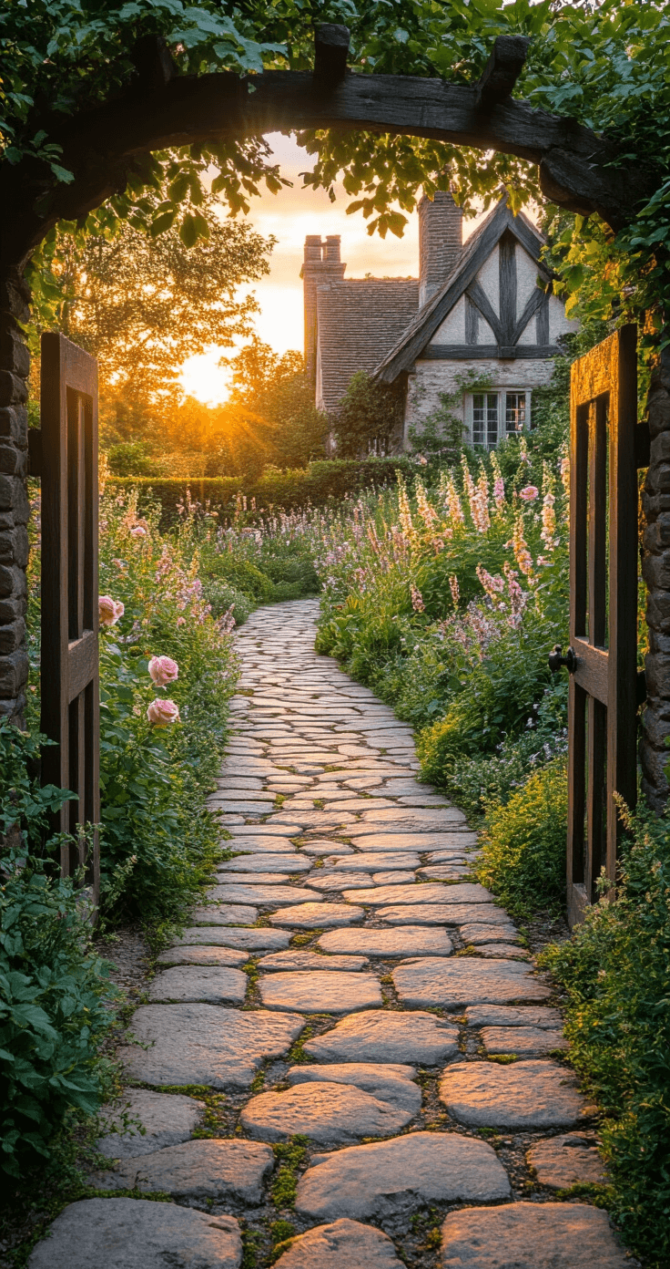 A picturesque stone path flanked by vibrant cottage garden plants at sunset, leading to a Tudor-style home, with golden hour light enhancing the romantic atmosphere and pastel flowers spilling onto the edges.