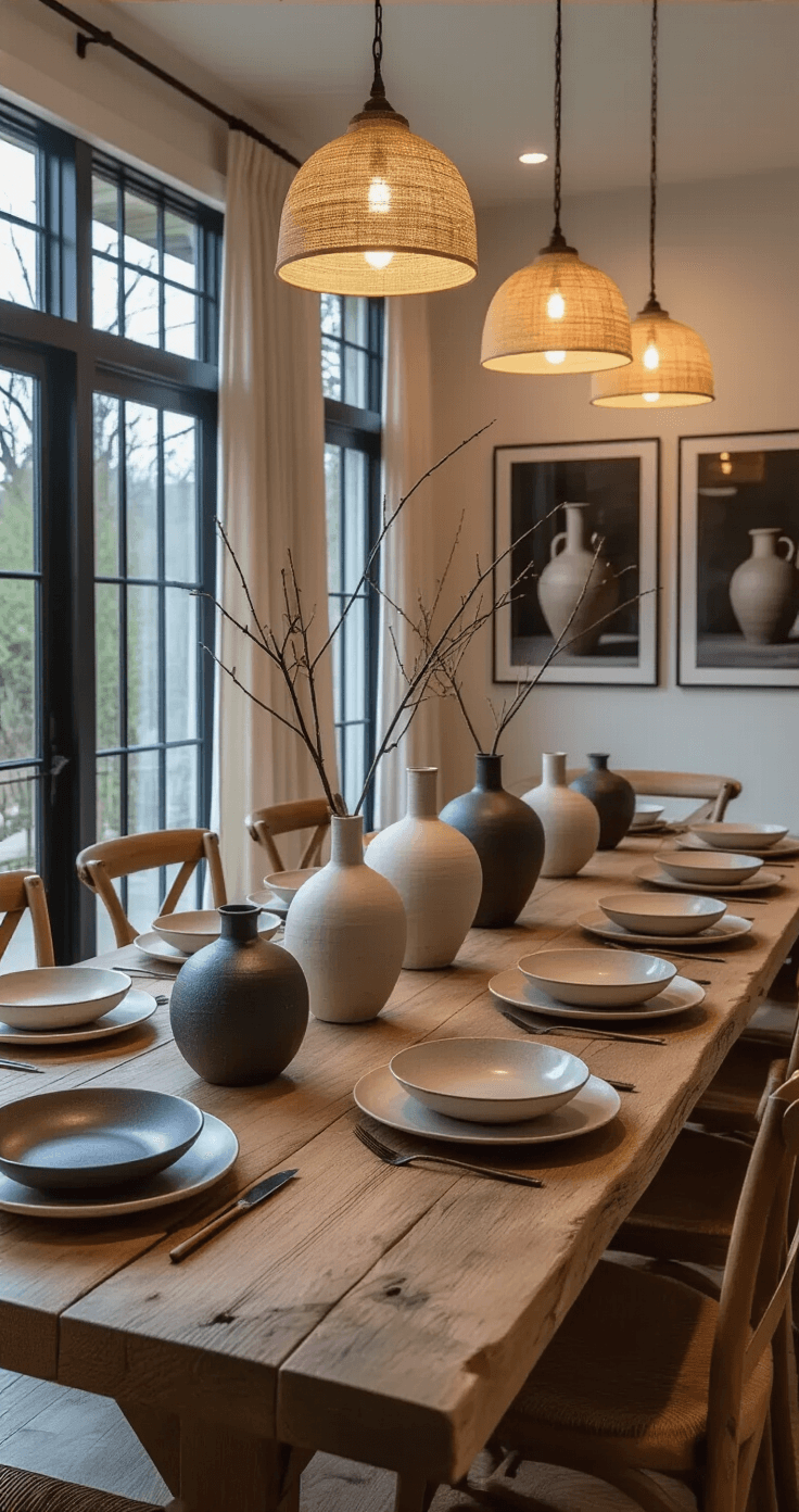 An inviting dining room at dusk, featuring a long reclaimed wood table set with eclectic wabi sabi pottery dinnerware, organic-shaped plates, and a dramatic centerpiece of narrow vases holding simple branches. Warm light from pendant lights enhances the atmosphere, while large-scale black and white pottery-making photographs adorn the walls. Floor-to-ceiling windows framed by raw-edged linen curtains complete the scene.