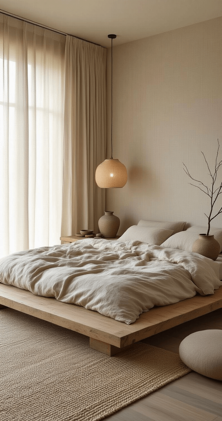 A serene Zen-inspired bedroom at dawn, featuring a low platform bed with rumpled organic cotton bedding, rough wooden bedside tables with wabi sabi pottery lamps, and a meditation corner with a handwoven floor cushion and small bowls, illuminated by soft, cool morning light filtering through sheer curtains.