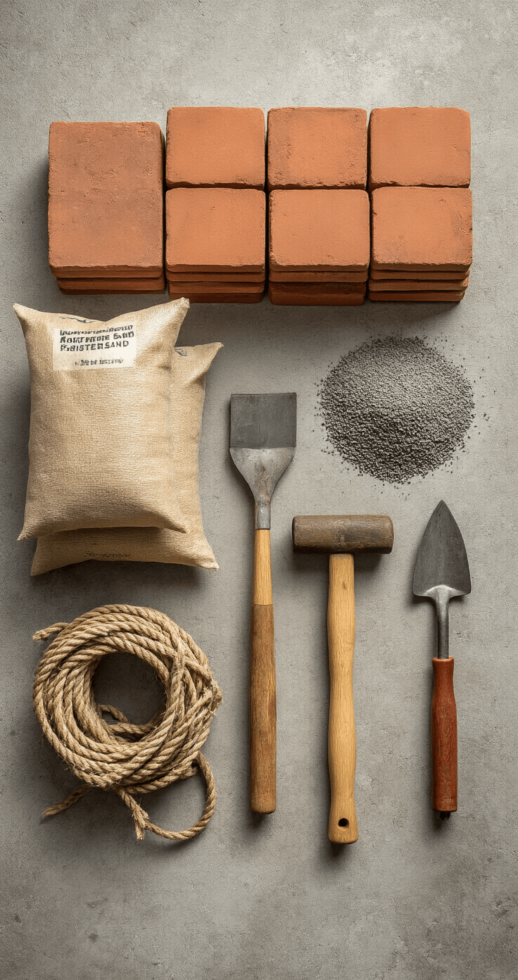 Close-up overhead shot of an organized workstation on textured concrete, featuring stacked terracotta clay pavers, gray polymeric sand bags, coiled garden rope, and tools like a leather-handled rubber mallet and steel shovel, with soft shadows from natural diffused light.