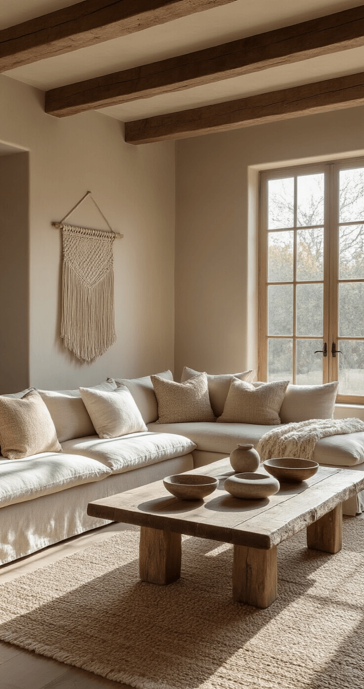 Wabi-Sabi Magic: Embracing Imperfection in Your Home A sunlit living room with exposed wooden beams, large windows, and a low-slung linen sofa adorned with mismatched cushions. A weathered oak coffee table displays river stones and a chipped ceramic bowl, with warm taupe walls and a handmade macramé wall hanging, creating a serene wabi-sabi atmosphere.