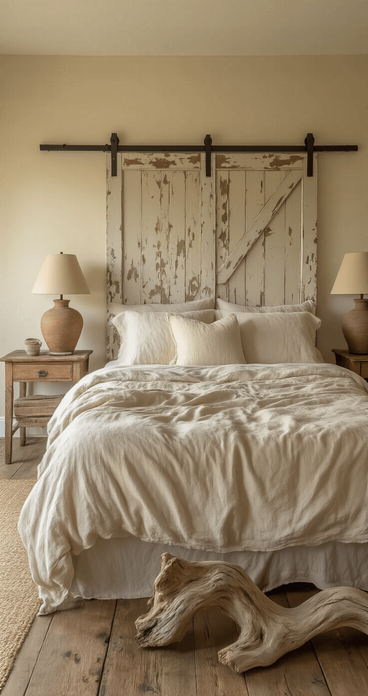 Wabi-Sabi Magic: Embracing Imperfection in Your Home A cozy bedroom bathed in golden hour light features an unmade bed with rumpled ecru linen sheets, a repurposed barn door headboard, mismatched vintage nightstands with stoneware lamps, and a gnarled driftwood sculpture on a distressed wood floor, all showcasing a warm, lived-in atmosphere.