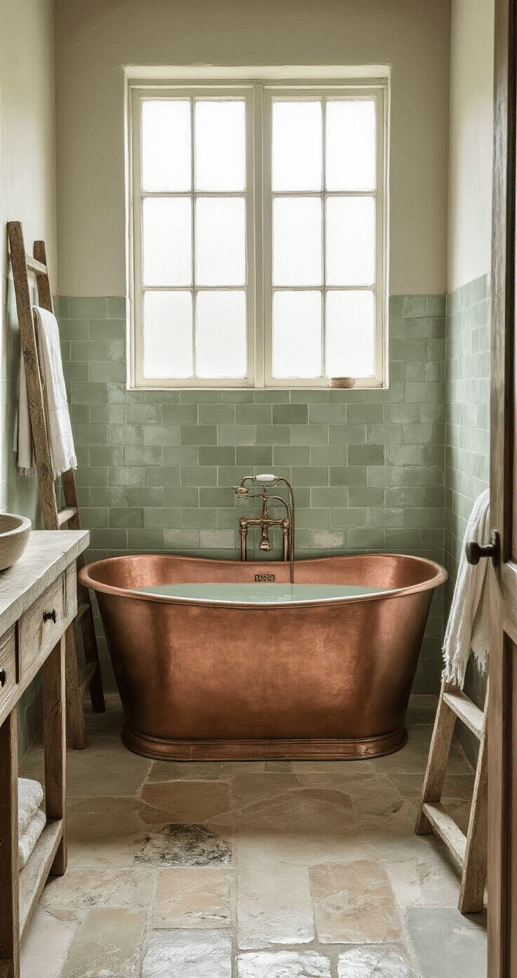 Wabi-Sabi Magic: Embracing Imperfection in Your Home A serene bathroom featuring a freestanding copper tub as the centerpiece, with early morning light streaming through frosted windows. The walls are adorned with uneven sage green tiles, complemented by a reclaimed wood vanity with a veined stone basin. A weathered ladder acts as a towel rack beside the tub, while the natural stone floor showcases visible fossils. The composition is captured from a low angle, highlighting the tub's unique patina in soft, diffused lighting.