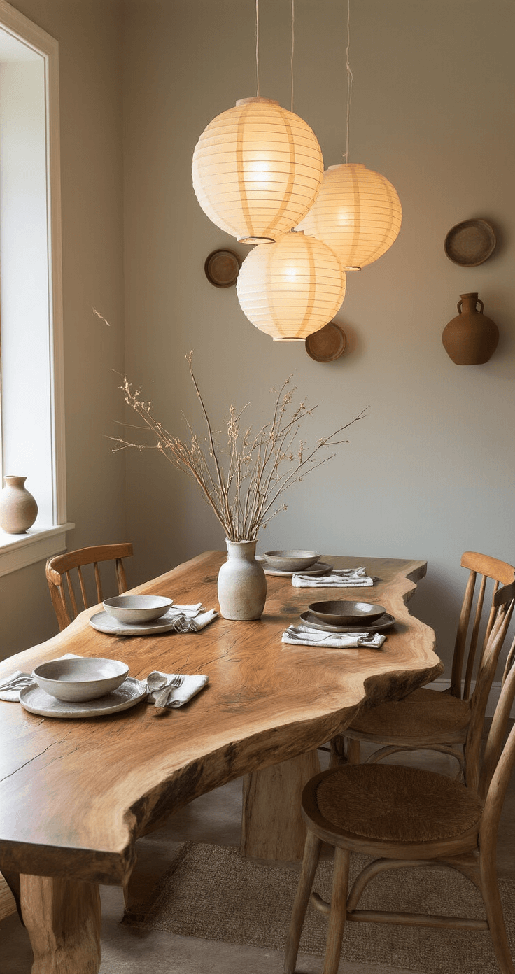 Wabi-Sabi Magic: Embracing Imperfection in Your Home An intimate dining nook featuring a live-edge wooden table surrounded by mismatched chairs, set with handthrown ceramic plates and tarnished silverware, illuminated by warm paper lanterns. The walls are greige, adorned with handmade pottery, while a centerpiece of foraged branches and dried grasses adds a natural touch, all captured from a slightly elevated angle.