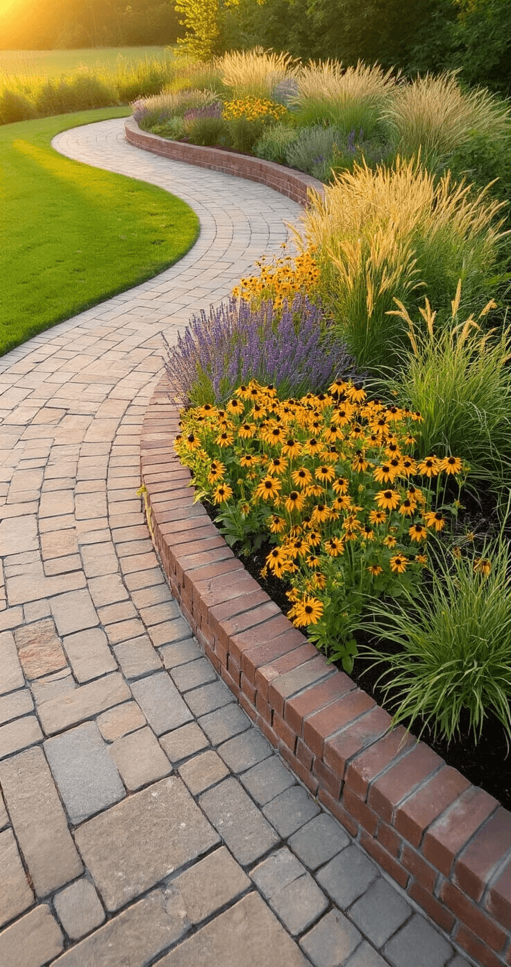 A sweeping drone view of a 50ft curved brick garden border, beautifully following natural landscape contours, illuminated by golden hour light. The mixed perennial garden includes Russian sage, black-eyed susans, and ornamental grasses, softening the structured brick edge, with a stone pathway intersecting for a seamless material transition.