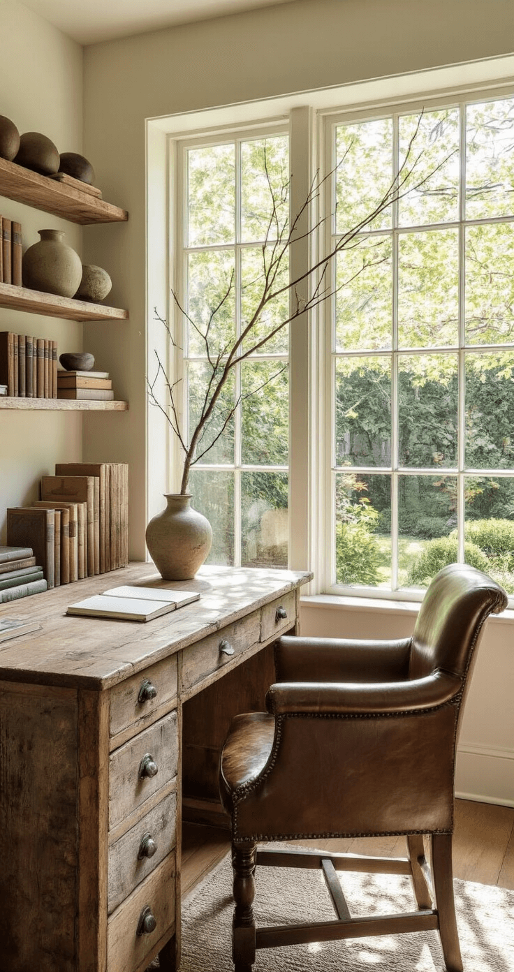 Wabi-Sabi Magic: Embracing Imperfection in Your Home A serene home office bathed in dappled afternoon light, featuring a reclaimed barn wood desk, an antique leather chair, open shelving with weathered books and a cracked ceramic vase, and a large picture window overlooking a Japanese-inspired garden. The calming off-white walls emphasize the organic textures of the space.