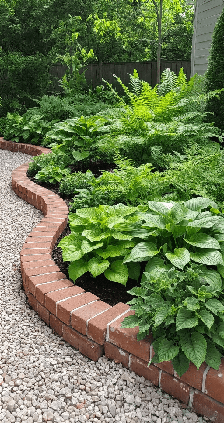 A wide-angle view of a garden bed featuring traditional clay brick edging on one side and modern faux brick edging on the other, with bright midday lighting highlighting material and color differences. Established hostas and ferns are planted across both edging types, while natural stone accents provide additional texture.
