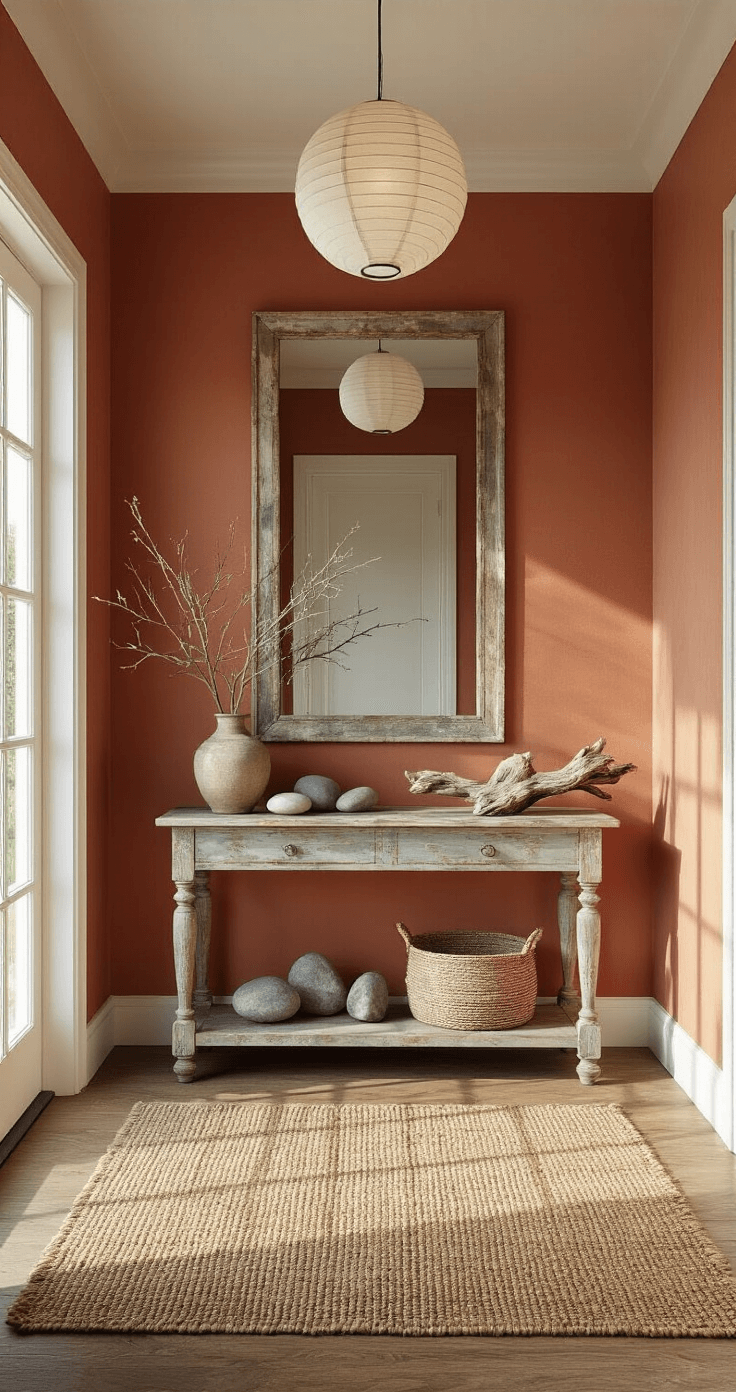 Wabi-Sabi Magic: Embracing Imperfection in Your Home A welcoming entryway featuring a vintage console table, tarnished mirror, handwoven jute rug, and an organic vignette of driftwood, sea glass, and river rocks, all illuminated by soft morning light and a low-hanging paper lantern against warm terracotta walls.