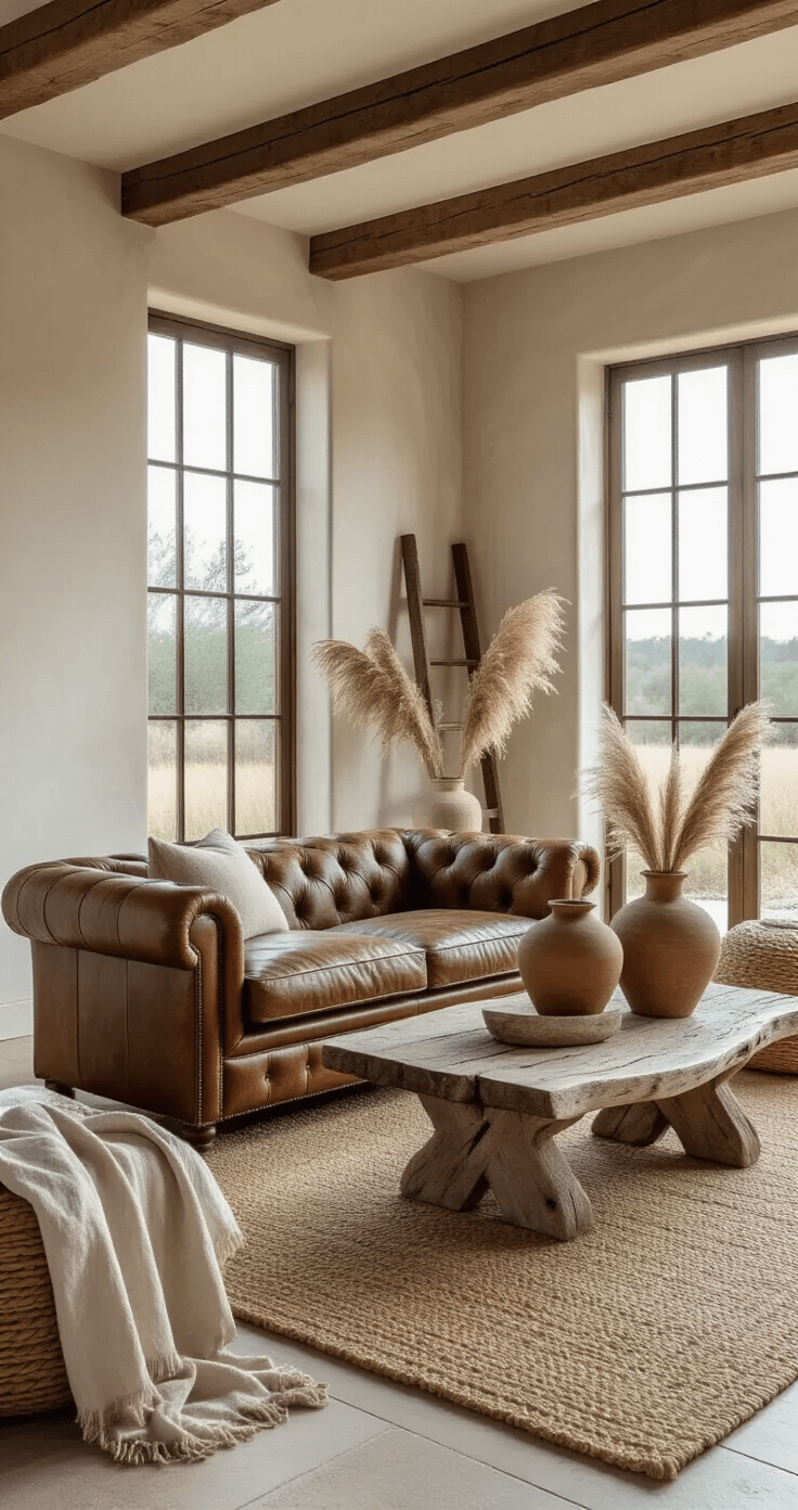 A spacious living room featuring exposed wooden beams, large west-facing windows, a weathered leather Chesterfield sofa, a driftwood coffee table on a jute rug, and weathered ceramic vases with dried pampas grass, all bathed in warm afternoon light. The room showcases a color palette of oatmeal, dove gray, and terracotta, with a vintage ladder draped in linen throws.