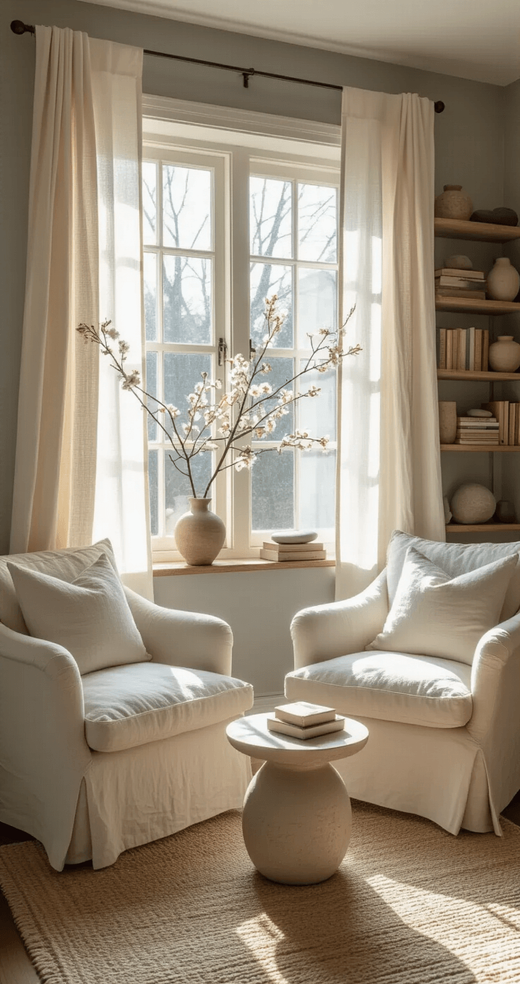 Cozy living space with mismatched armchairs and a ceramic side table, illuminated by golden hour sunlight filtering through sheer curtains, featuring cherry blossoms and handmade pottery against dove gray walls.