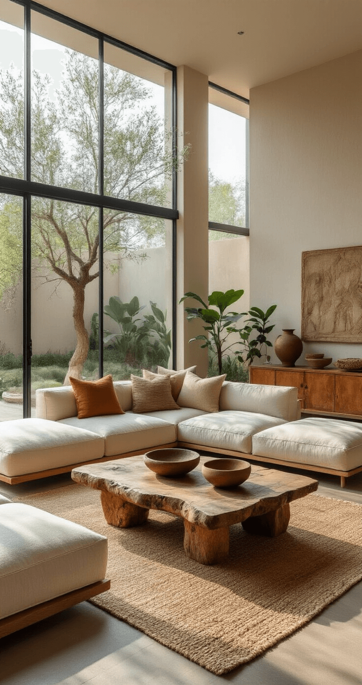 A serene living area featuring a high ceiling and large window overlooking a zen garden, with a low-profile oatmeal linen sectional, earthy handwoven pillows, an olive wood coffee table, a ceramic bowl of dried seed pods, a patinated copper sideboard with wabi-sabi sculptures, and potted fiddle leaf figs in the corners, all bathed in soft morning light.