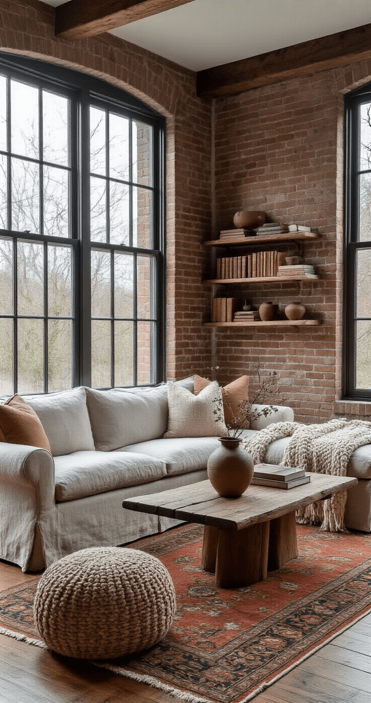 A cozy living room featuring exposed brick walls and hardwood floors, with a large dove gray linen sofa and an oatmeal knit throw. A weathered oak coffee table holds an ikebana arrangement in a crackle-glazed vase. Floating shelves display leather-bound books and ceramics, while a muted terracotta kilim rug adds warmth. The scene is illuminated by diffused light from steel-framed windows on a rainy afternoon, creating a moody and intimate atmosphere.