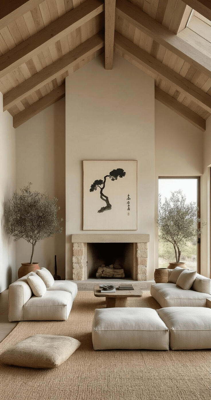 An airy open-concept living space with vaulted ceilings, featuring linen sofas, a stone fireplace with a minimalist painting, a driftwood lamp, a meditation nook, and potted olive trees, all illuminated by bright late morning light.