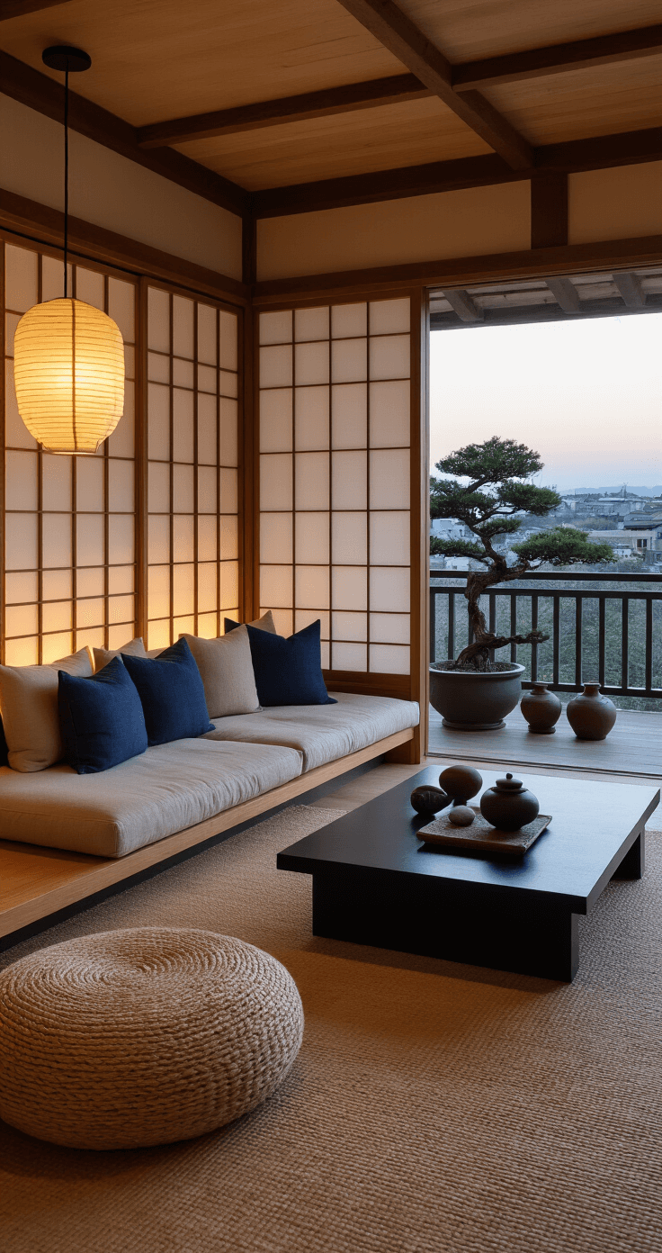 A serene living room at dusk featuring shoji screen doors, ambient lighting from paper lanterns, a low platform sofa with indigo and oatmeal cushions, a black lacquered coffee table with a river stone and ceramic tea set, a distressed wooden console with raku pottery and bonsai, and a jute pouf, photographed from the balcony entrance.
