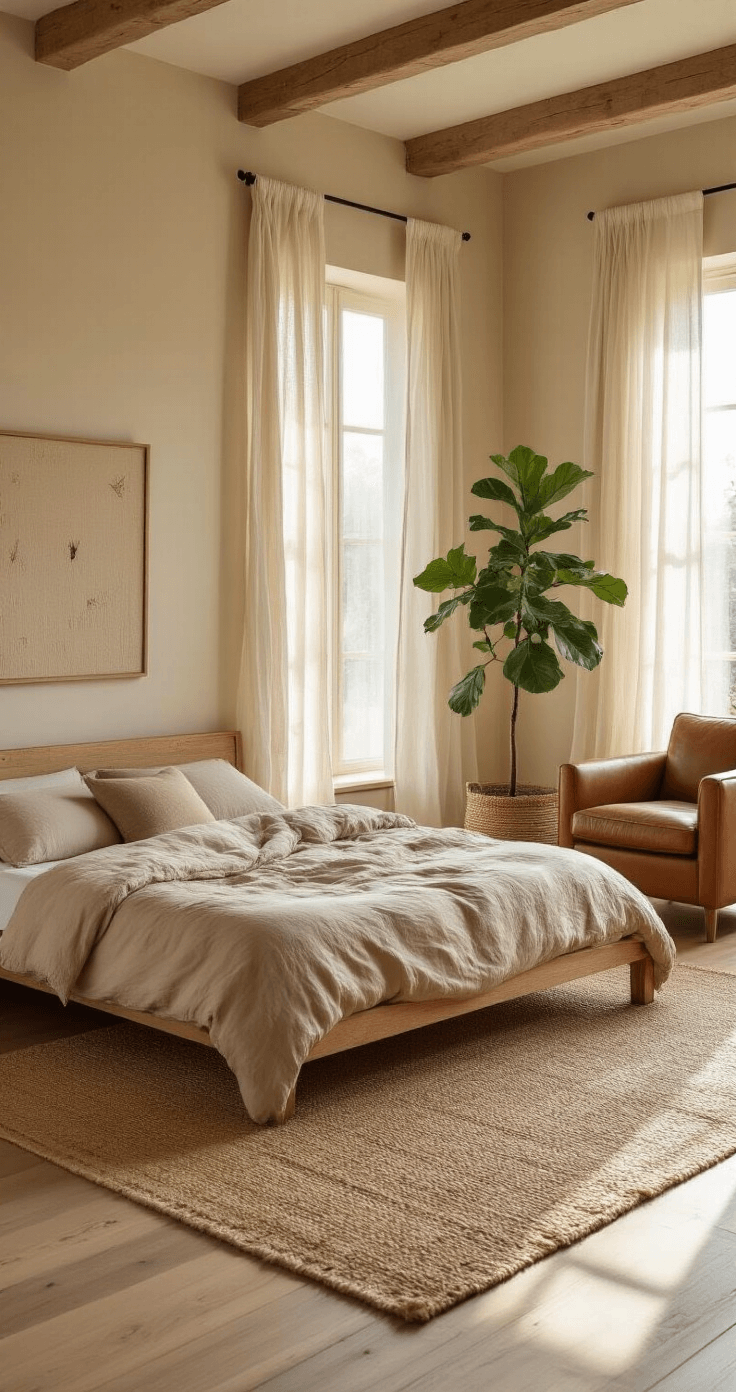 A serene 12x14 foot bedroom featuring a low-profile wooden bed with beige linen sheets, a weathered leather armchair, a potted fiddle leaf fig, warm sand-toned walls with driftwood art, and a hand-woven jute rug on natural oak flooring, illuminated by soft morning light.