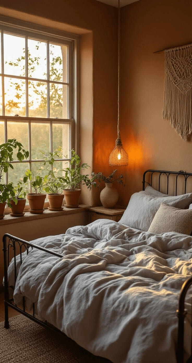 A cozy bedroom with a wrought iron bed, layered grey and white linens, a cracked ceramic lamp on a wooden nightstand, terracotta potted plants on a windowsill, muted clay walls, a sisal carpet, and a macramé wall hanging, all bathed in the warm glow of a setting sun.