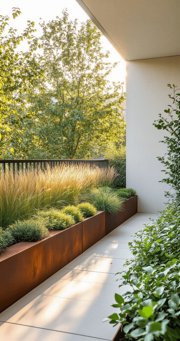 A sunlit corner view of a 50-square-foot urban balcony garden during golden hour, featuring modern weathering steel borders framing native grasses and miniature boxwoods, with a textured Corten steel surface and white-painted concrete walls. The scene showcases various plant layers, including ground cover, mid-height perennials, and climbing vines on a minimalist trellis, all in muted earth tones with pops of sage green, captured with shallow depth of field.
