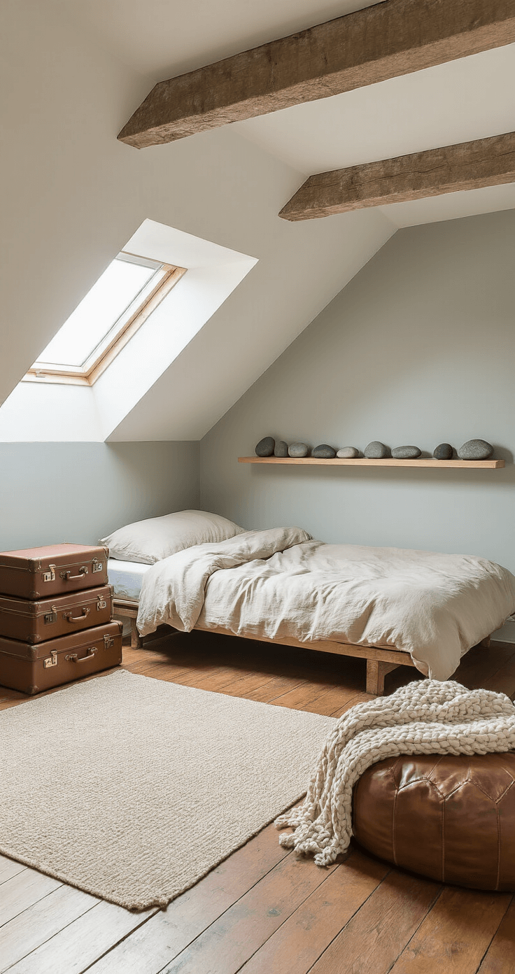 Cozy attic bedroom with slanted ceilings, low futon bed on hardwood floor, vintage suitcase nightstand, river stone decor, dove grey walls, exposed wooden beams, and a chunky knit throw over a leather pouf, lit by diffused afternoon light.
