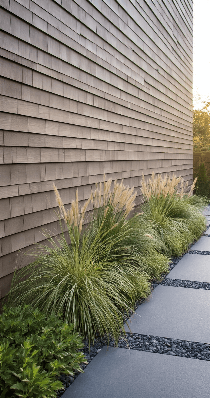 Wide-angle view of a cedar shingle border along a crushed slate path, featuring contemporary planting beds with geometric arrangements of ornamental grasses in varying heights. Late afternoon light casts dramatic shadows, highlighting the contrast between the warm cedar, cool grays of the slate, and green accents of the plants.