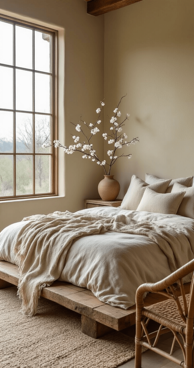 A serene bedroom bathed in evening light, featuring a reclaimed barn wood platform bed with undyed wool blankets and linen pillows, a ceramic vase with a cherry blossom branch on a bedside table, warm beige lime plaster walls, and a handwoven rattan chair with a mohair throw.