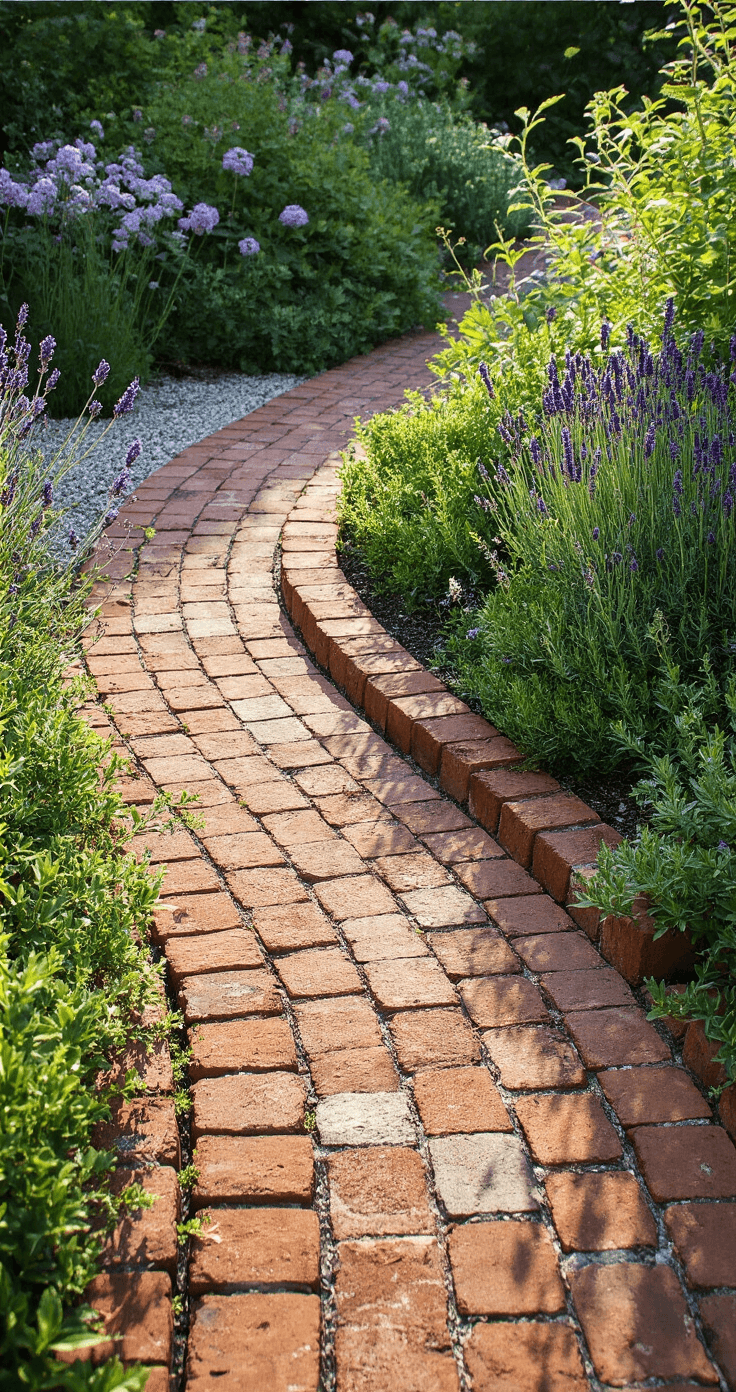 Eye-level shot of a herringbone-laid reclaimed brick border curving through a compact garden, bathed in afternoon sunlight that highlights the brick's patina and moss growth. Layered plantings of creeping thyme, compact lavender, and dwarf butterfly bush cascade over the edges, creating rich textures with aged brick, organic foliage, and a gravel path. The image showcases warm terracotta, purple blooms, and silver foliage, captured with a wide aperture that emphasizes the brick detail.