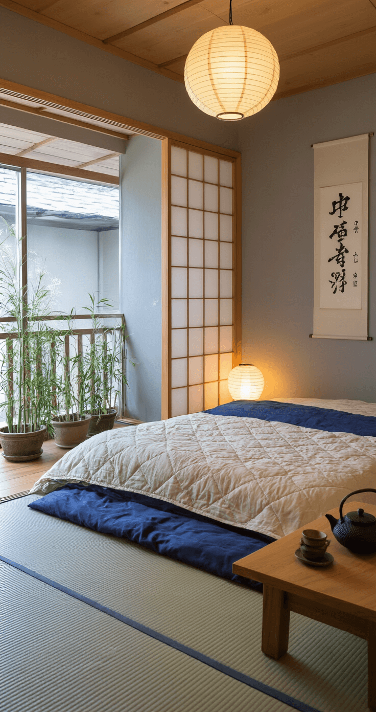 A serene bedroom featuring a low tatami bed with indigo-dyed cotton sheets, illuminated by paper lanterns. Sliding shoji screens lead to a bamboo balcony. The soft grey walls display a calligraphy scroll, while a low wooden table holds a cast iron teapot and handmade cups. Tatami mats cover the floor, creating a tranquil atmosphere.