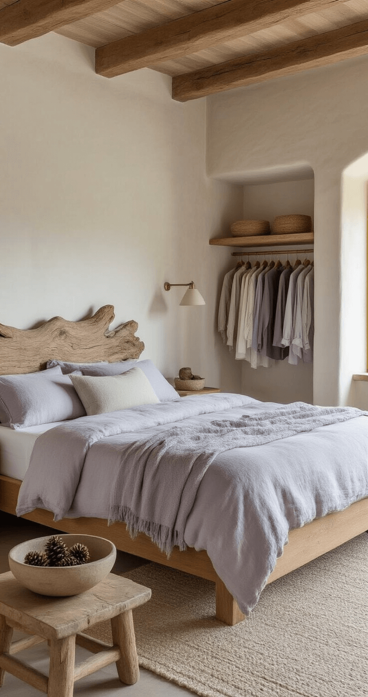 A serene bedroom featuring a sturdy oak bed with soft grey and pale lavender linen, reclaimed wood wardrobe, driftwood headboard, textured warm white walls, and a ceramic bowl of pine cones on a wooden stool, all illuminated by early dawn light.
