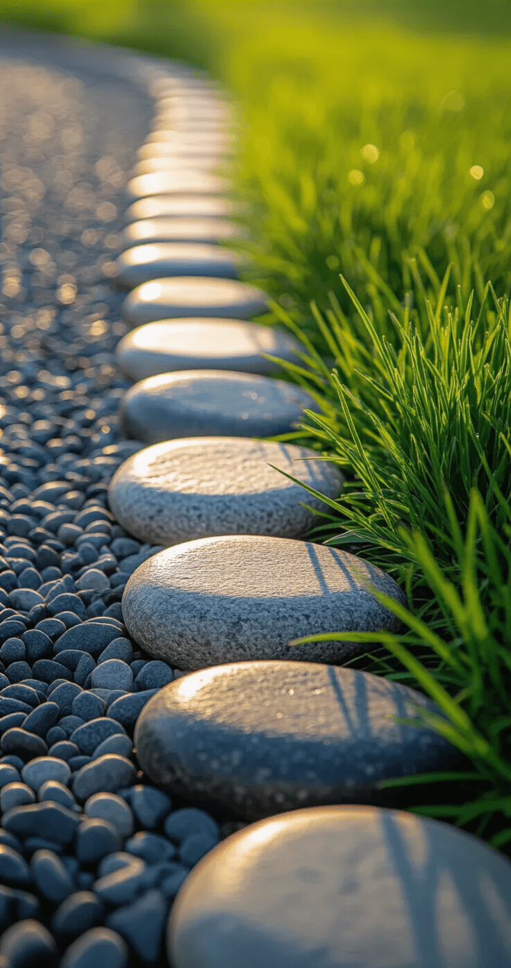 Macro shot of rounded river stones at a lawn edge, backlit by morning light, showcasing varying stone sizes and mixed textures with cool grays and emerald green grass, creating a dewy atmosphere.