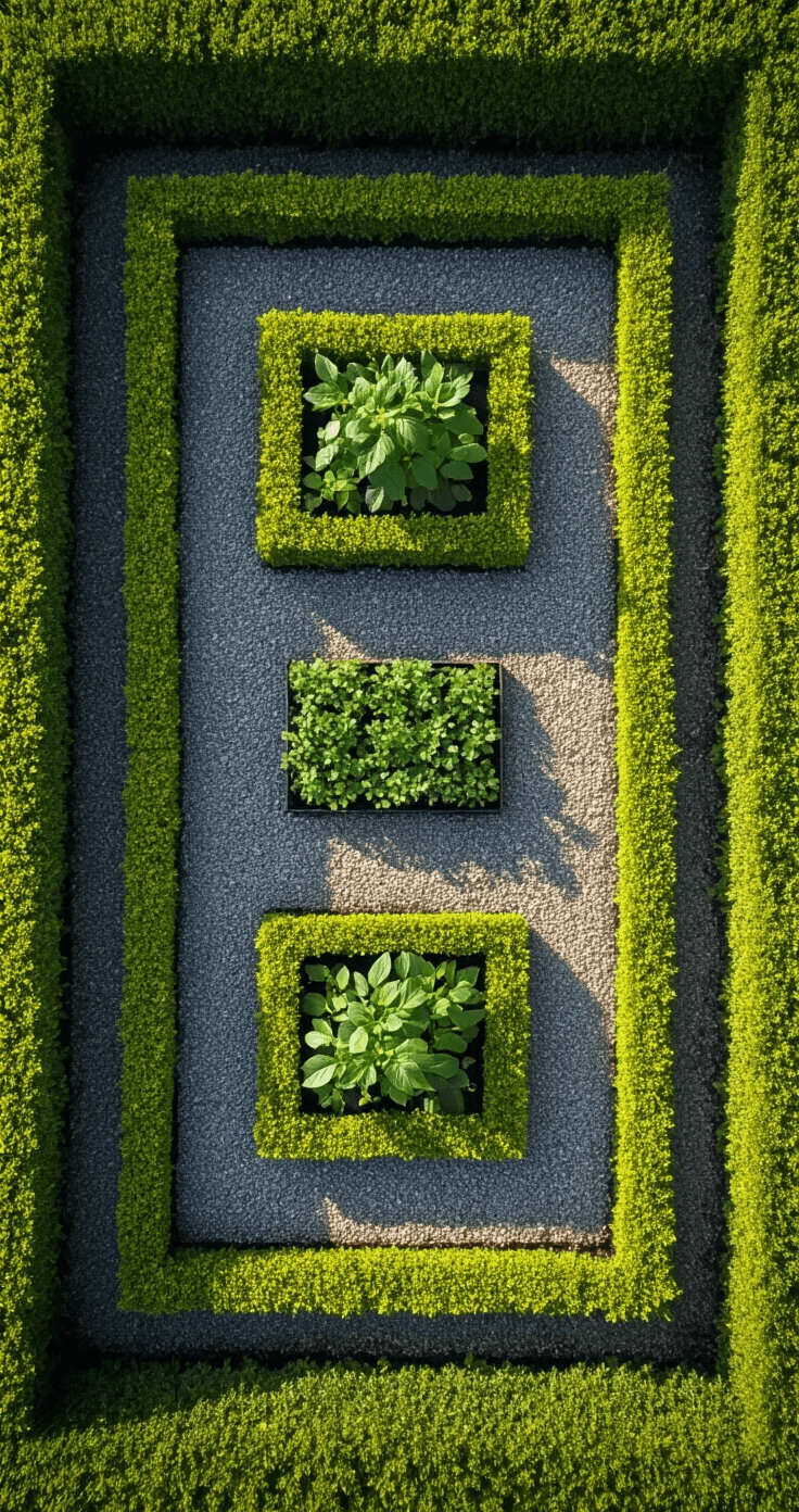 Overhead view of a geometric herb garden bordered by precise boxwood hedges, showcasing clean lines and a structured layout with gravel paths and various herb beds under mid-morning light.