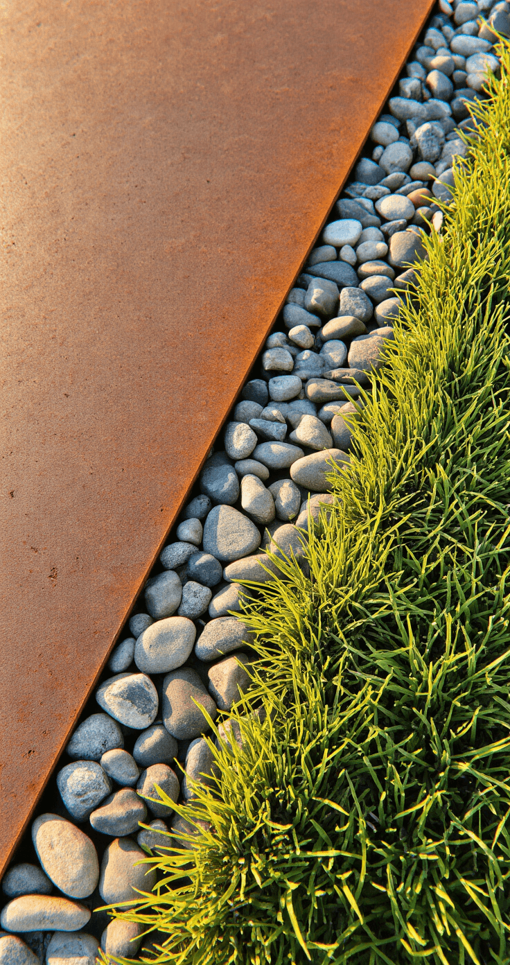 A 45-degree angle view of a layered border featuring weathered steel, small stones, and compact grasses, illuminated by golden hour light. The composition showcases three distinct layers: a smooth metal edge, a rough stone band, and soft green plantings, highlighting the contrast between industrial and organic materials.