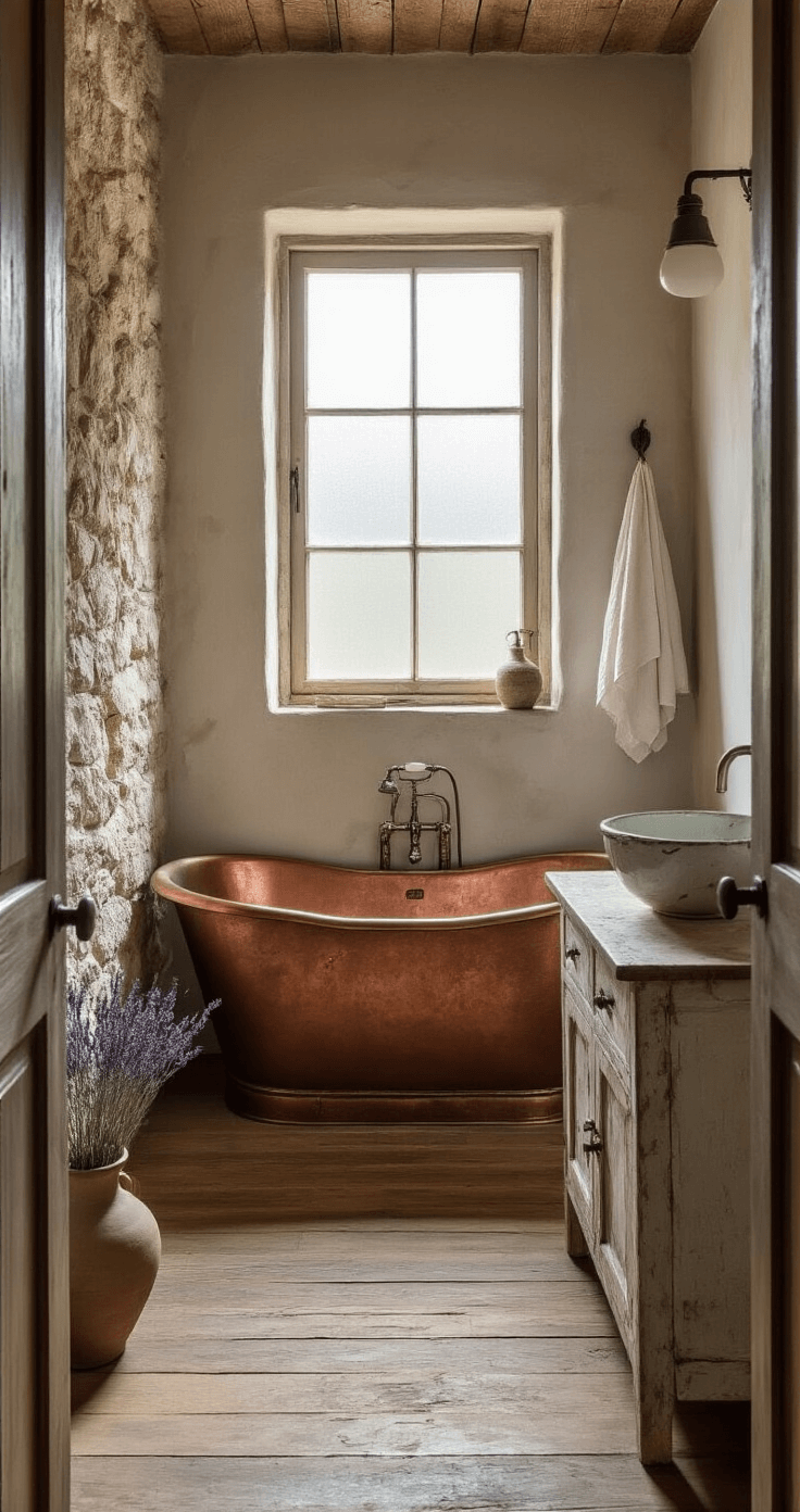 A rustic bathroom with a freestanding copper bathtub against a stone wall, reclaimed wood flooring, a vintage vanity with a chipped ceramic sink, and handwoven linen towels, all bathed in soft morning light.